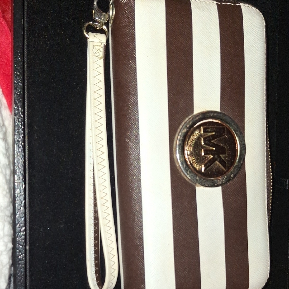 Michael Kors Chocolate and Ivory Striped Wristlet